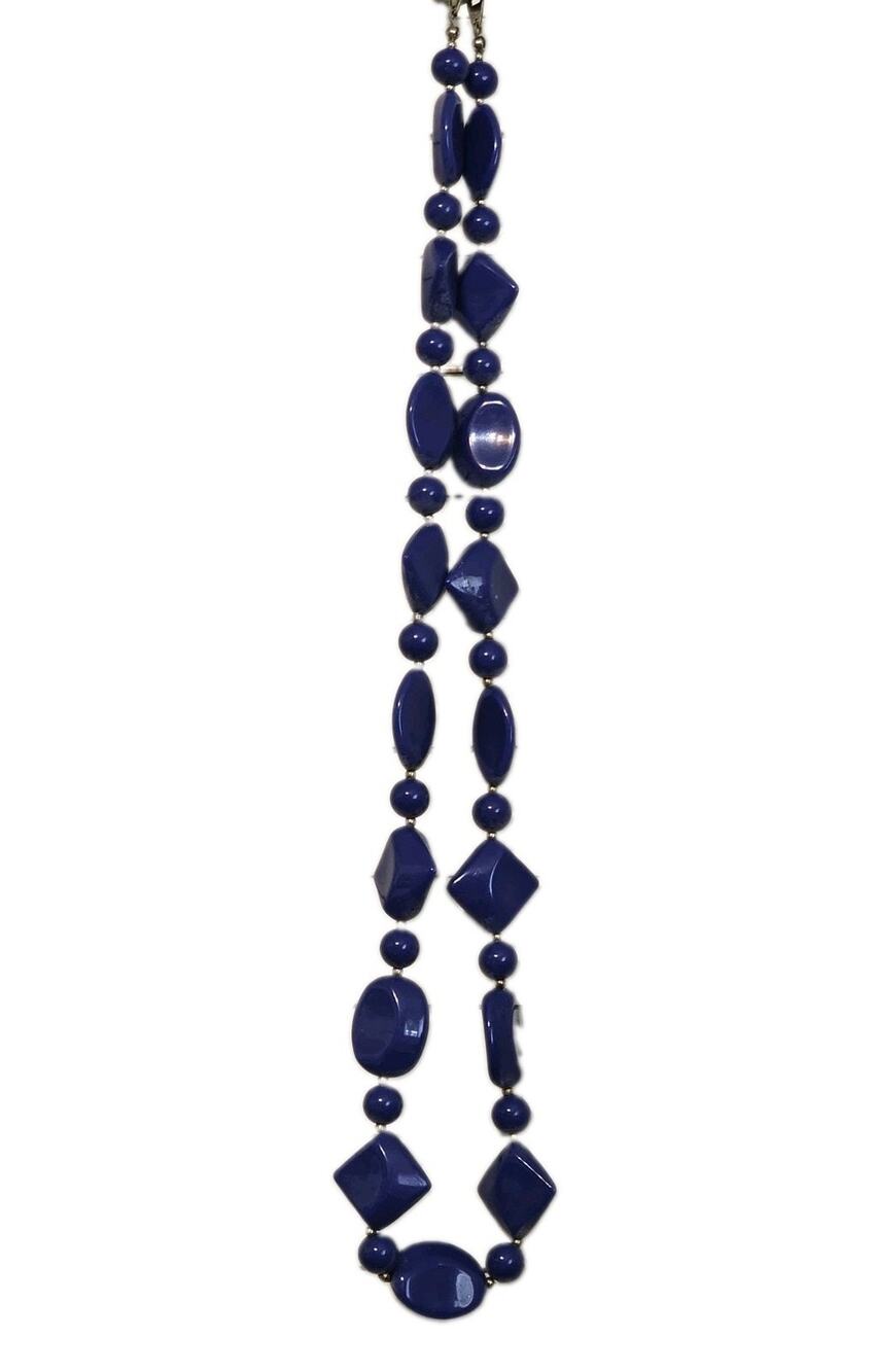 Vtg Chunky Cobalt Blue Lucite Bead Necklace Gold Tone Spacer Statement Retro 70s